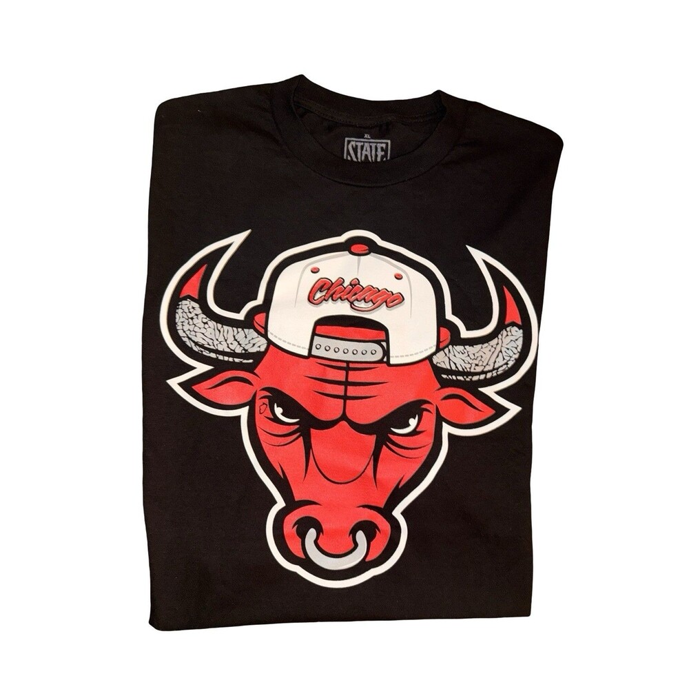 Chicago Bulls T Shirt Mens XL Black Graphic Tee Snapback Hat Logo streetwear New